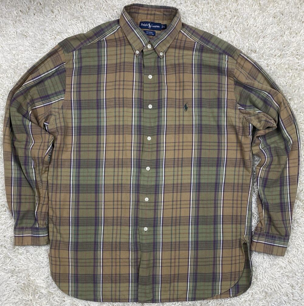 Ralph Lauren McMeel Plaid Shirt Men's L Tan Olive Purple Long Sleeve Cotton